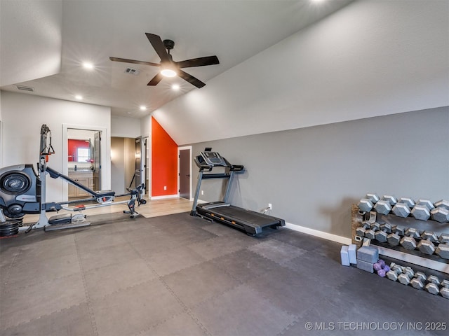 3241 E 171st St S, Bixby, OK 74008 - workout room with ceiling fan, recessed lighting, baseboards, and lofted ceiling