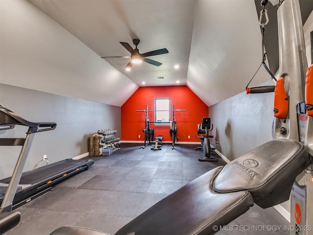 3241 E 171st St S, Bixby, OK 74008 - exercise area featuring ceiling fan, baseboards, and vaulted ceiling