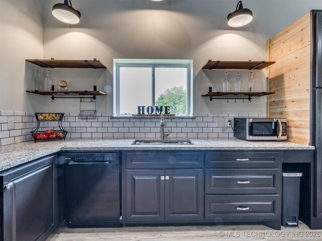3241 E 171st St S, Bixby, OK 74008 - kitchen featuring open shelves, dishwasher, stainless steel microwave, and a sink