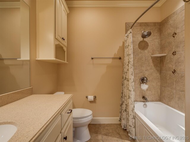 bathroom with toilet, vanity, baseboards, tile patterned flooring, and shower / bath combo with shower curtain