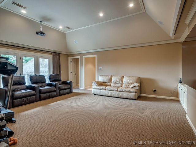living room featuring carpet, baseboards, recessed lighting, high vaulted ceiling, and crown molding
