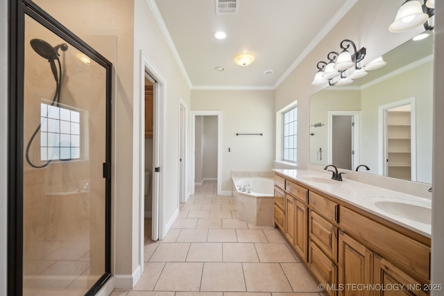 4805 S Mckinley Ave, Sand Springs, OK 74063 - full bathroom with a stall shower, a bath, tile patterned floors, crown molding, and double vanity