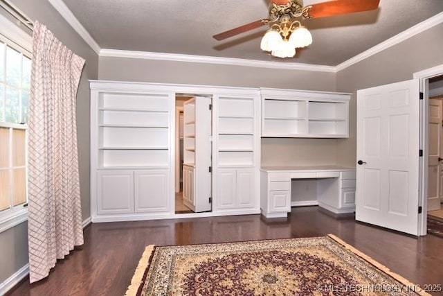 8734 S Richmond Ave, Tulsa, OK 74137 - unfurnished office with wood finished floors, built in study area, ornamental molding, a ceiling fan, and baseboards