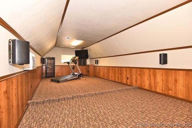 8734 S Richmond Ave, Tulsa, OK 74137 - exercise room featuring wood walls, wainscoting, vaulted ceiling, and carpet flooring