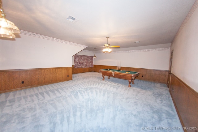 8734 S Richmond Ave, Tulsa, OK 74137 - rec room featuring a wainscoted wall, wooden walls, carpet flooring, billiards, and a ceiling fan