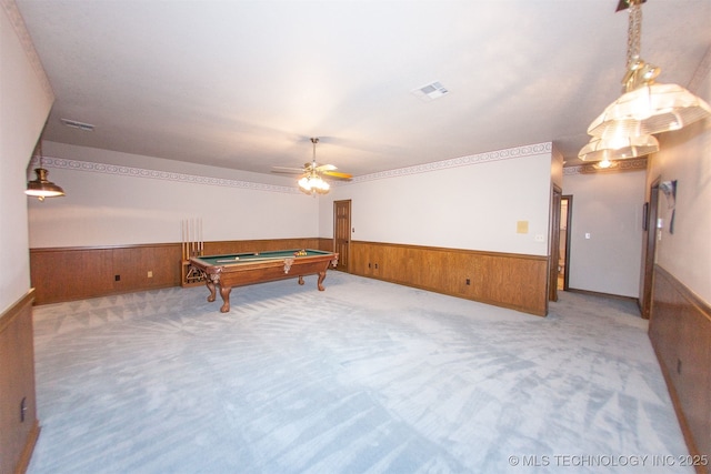 8734 S Richmond Ave, Tulsa, OK 74137 - recreation room featuring wainscoting, wood walls, carpet, billiards table, and a ceiling fan