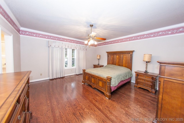 8734 S Richmond Ave, Tulsa, OK 74137 - bedroom with dark wood-style floors, crown molding, baseboards, and a ceiling fan