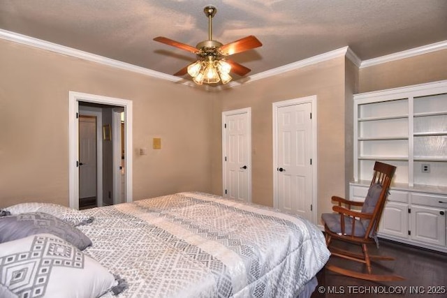 8734 S Richmond Ave, Tulsa, OK 74137 - bedroom with ornamental molding, dark wood-style flooring, and ceiling fan