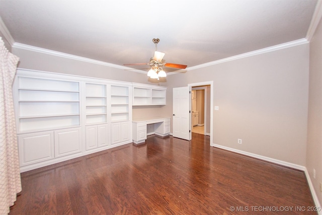 8734 S Richmond Ave, Tulsa, OK 74137 - unfurnished living room featuring ceiling fan, ornamental molding, baseboards, and dark wood-type flooring