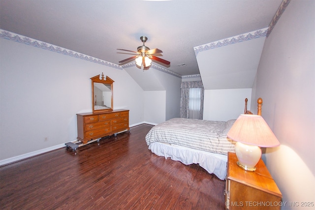 8734 S Richmond Ave, Tulsa, OK 74137 - bedroom featuring wood-type flooring, baseboards, lofted ceiling, and ceiling fan