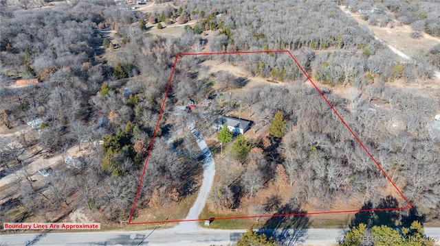 10862 Hide-A-Way, Thackerville, OK 73459 - aerial overview of property's location with property parcel outlined and a forest