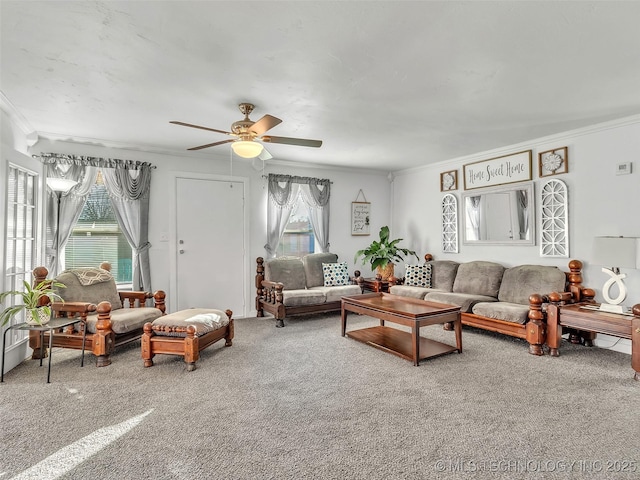 410 W B J Tunnell, Miami, OK 74354 - carpeted living area with crown molding, ceiling fan, and healthy amount of natural light