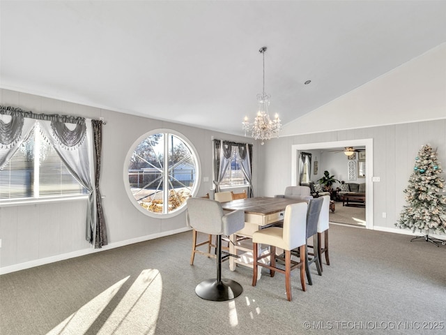 410 W B J Tunnell, Miami, OK 74354 - dining space featuring carpet, a chandelier, vaulted ceiling, and a ceiling fan