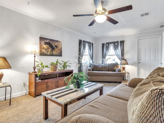 410 W B J Tunnell, Miami, OK 74354 - living room with light colored carpet, baseboards, a ceiling fan, and crown molding