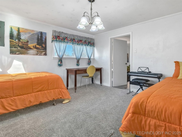 410 W B J Tunnell, Miami, OK 74354 - carpeted bedroom featuring crown molding, a chandelier, and electric panel
