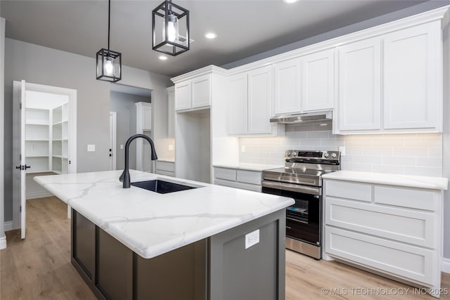 250 Maple Leaf Dr, Durant, OK 74701 - kitchen featuring stainless steel range with electric cooktop, a sink, light wood-type flooring, backsplash, and white cabinetry