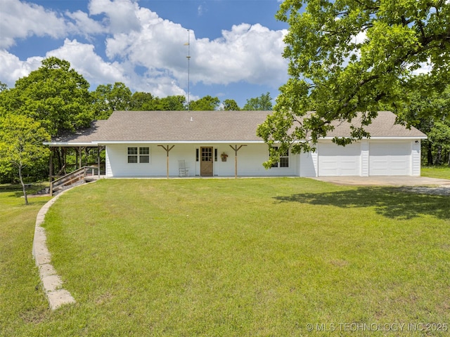 ranch-style house featuring concrete driveway, a porch, a front lawn, a garage, and a shingled roof