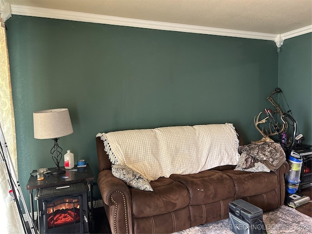 living area with ornamental molding