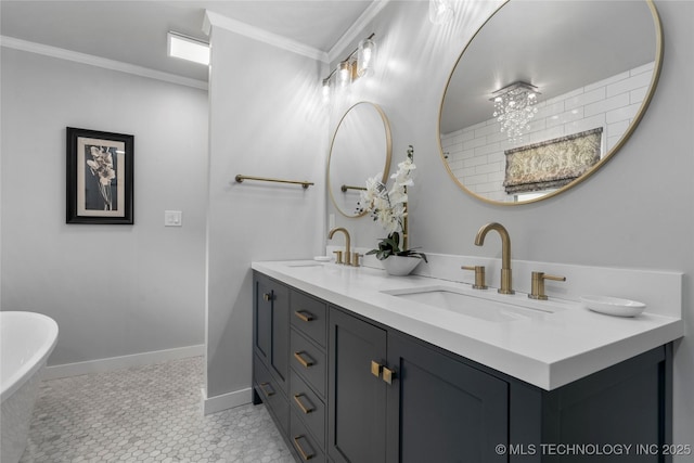 3478 S Gary Ave, Tulsa, OK 74105 - bathroom with crown molding, double vanity, a freestanding tub, baseboards, and tile patterned flooring