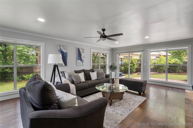 3478 S Gary Ave, Tulsa, OK 74105 - living room with crown molding, a ceiling fan, dark wood-style floors, and recessed lighting