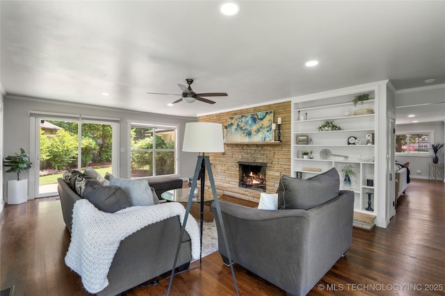 3478 S Gary Ave, Tulsa, OK 74105 - living room featuring ornamental molding, a fireplace, ceiling fan, dark wood-style flooring, and recessed lighting