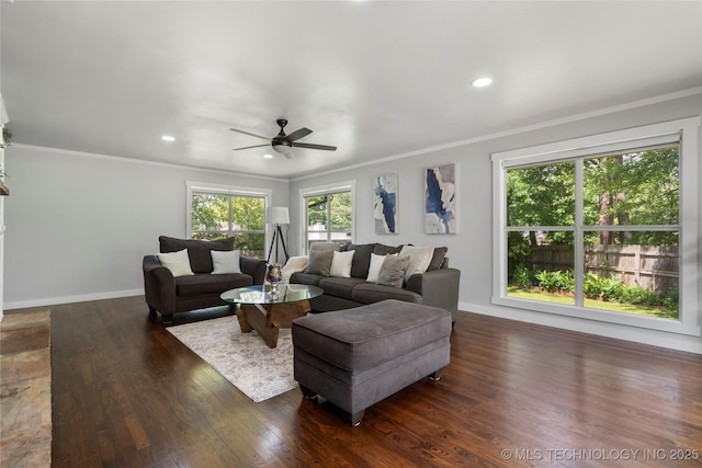 3478 S Gary Ave, Tulsa, OK 74105 - living room with ornamental molding, ceiling fan, baseboards, dark wood-type flooring, and recessed lighting