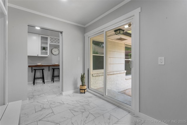 3478 S Gary Ave, Tulsa, OK 74105 - doorway to outside with marble finish floors, baseboards, and crown molding