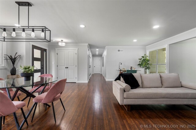 3478 S Gary Ave, Tulsa, OK 74105 - living room with ornamental molding, dark wood-style floors, recessed lighting, and baseboards