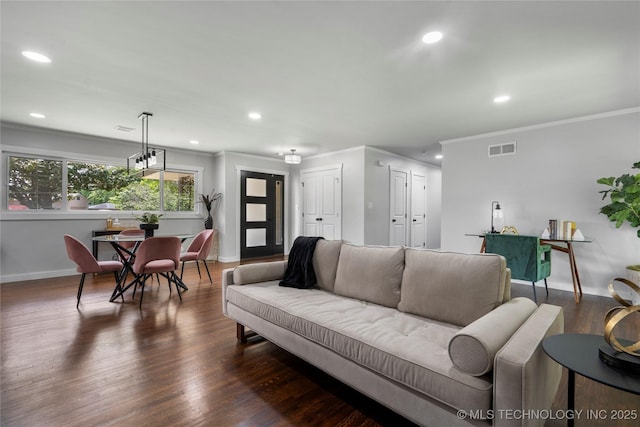 3478 S Gary Ave, Tulsa, OK 74105 - living area with baseboards, recessed lighting, crown molding, and dark wood finished floors