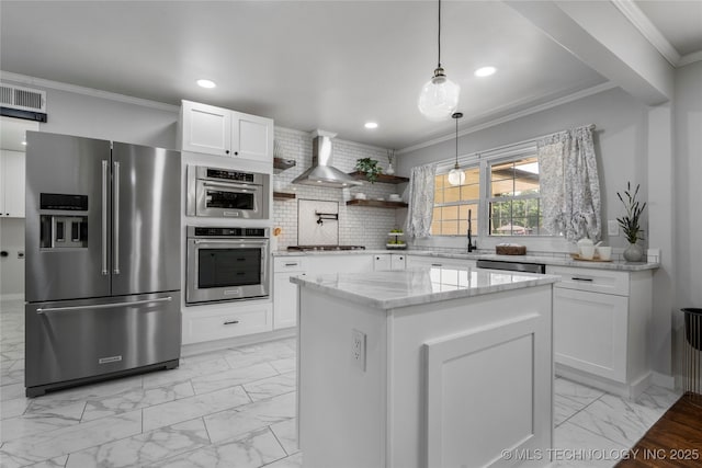 3478 S Gary Ave, Tulsa, OK 74105 - kitchen featuring stainless steel appliances, light marble finish floors, wall chimney range hood, tasteful backsplash, and white cabinetry