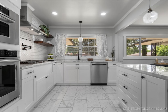 3478 S Gary Ave, Tulsa, OK 74105 - kitchen featuring appliances with stainless steel finishes, a sink, recessed lighting, light marble finish flooring, and backsplash