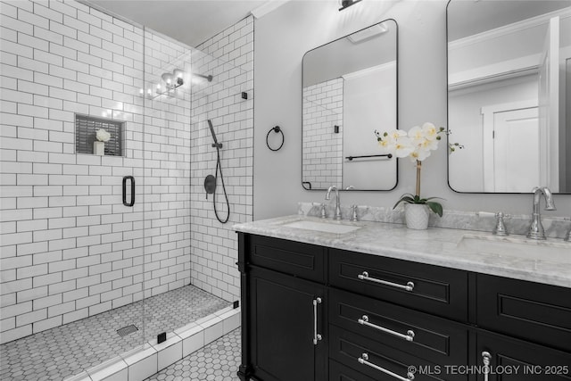 3478 S Gary Ave, Tulsa, OK 74105 - full bathroom with ornamental molding, a stall shower, double vanity, and tile patterned floors