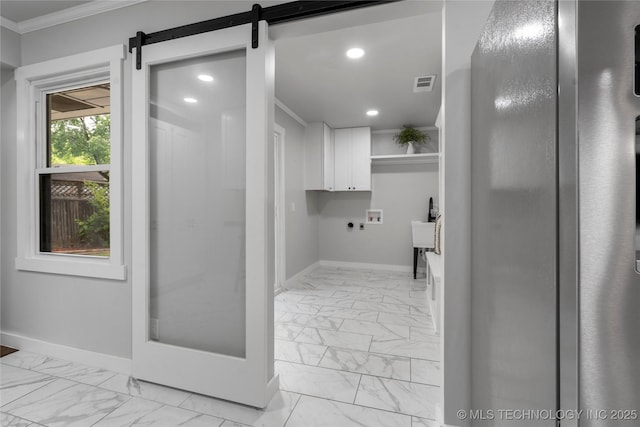 3478 S Gary Ave, Tulsa, OK 74105 - bathroom featuring marble look tiles, crown molding, baseboards, and recessed lighting