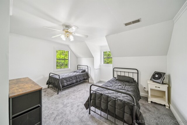 1001 County Road 2265, Skiatook, OK 74070 - bedroom featuring carpet floors, multiple windows, baseboards, lofted ceiling, and ornamental molding