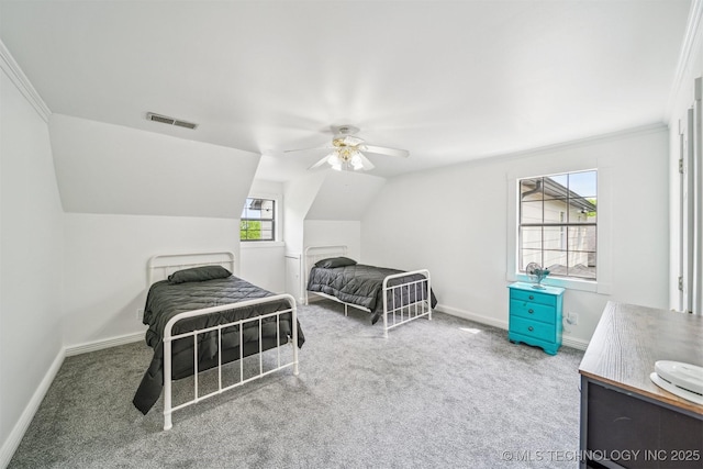 1001 County Road 2265, Skiatook, OK 74070 - bedroom with carpet flooring, baseboards, ceiling fan, ornamental molding, and lofted ceiling