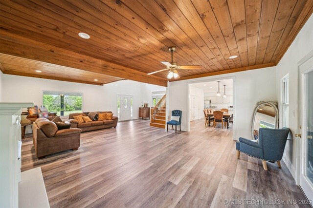 1001 County Road 2265, Skiatook, OK 74070 - living area featuring stairs, wood ceiling, wood finished floors, recessed lighting, and ceiling fan