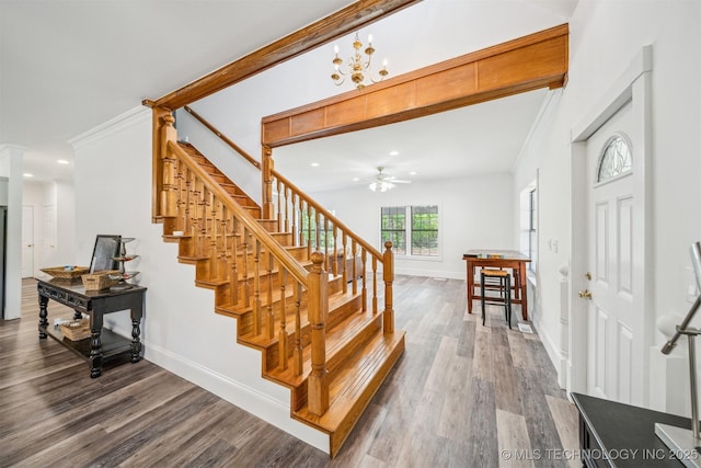 1001 County Road 2265, Skiatook, OK 74070 - staircase with baseboards, wood finished floors, a ceiling fan, recessed lighting, and crown molding