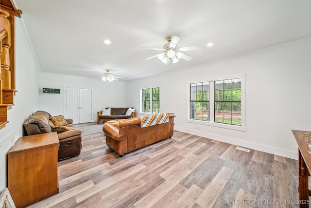 1001 County Road 2265, Skiatook, OK 74070 - living room featuring ceiling fan, light wood finished floors, recessed lighting, ornamental molding, and baseboards