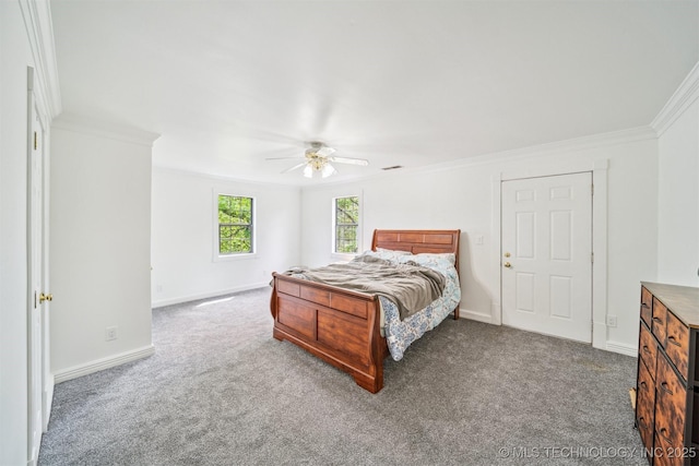 1001 County Road 2265, Skiatook, OK 74070 - bedroom featuring carpet flooring, ornamental molding, baseboards, and ceiling fan
