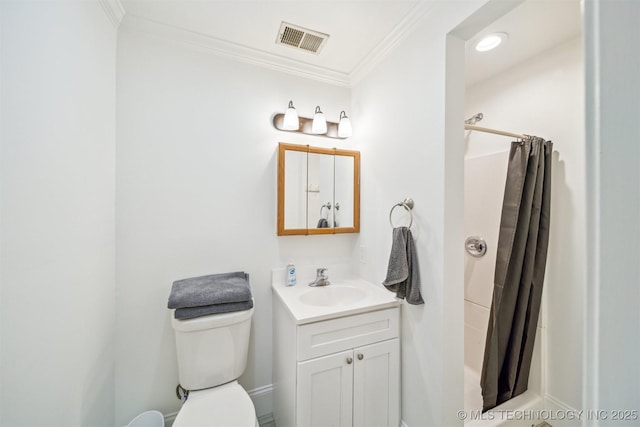 1001 County Road 2265, Skiatook, OK 74070 - bathroom with ornamental molding, a shower with shower curtain, toilet, vanity, and baseboards