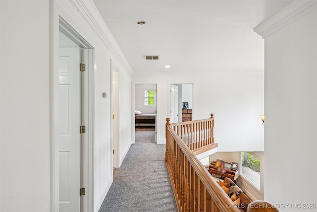 1001 County Road 2265, Skiatook, OK 74070 - hall featuring an upstairs landing, carpet floors, crown molding, baseboards, and recessed lighting