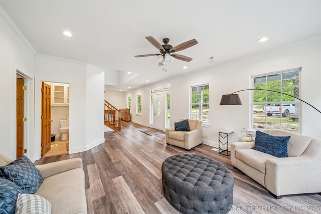 1001 County Road 2265, Skiatook, OK 74070 - living area featuring stairs, ornamental molding, recessed lighting, wood finished floors, and ceiling fan
