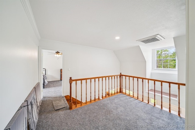 1001 County Road 2265, Skiatook, OK 74070 - hall featuring an upstairs landing, carpet, crown molding, and recessed lighting