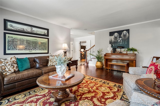 4728 S Atlanta Pl, Tulsa, OK 74105 - living room with hardwood / wood-style floors, stairs, and ornamental molding
