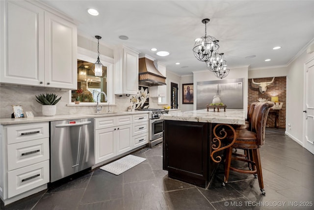 4728 S Atlanta Pl, Tulsa, OK 74105 - kitchen featuring high quality appliances, custom range hood, a sink, crown molding, and a chandelier