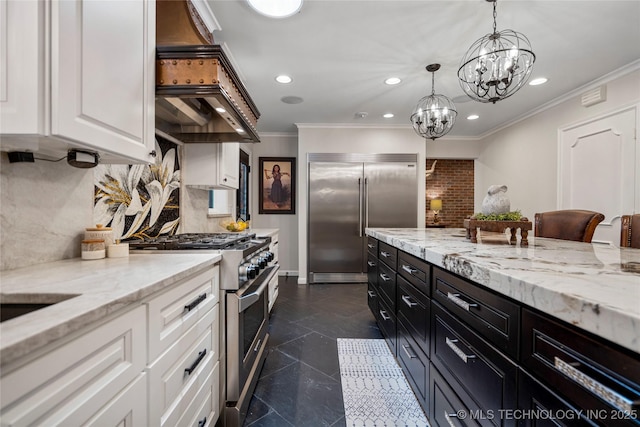 4728 S Atlanta Pl, Tulsa, OK 74105 - kitchen featuring high end appliances, recessed lighting, ornamental molding, white cabinets, and tasteful backsplash
