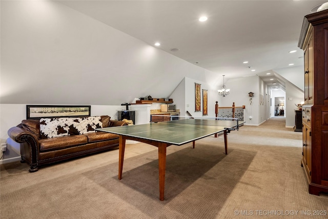 4728 S Atlanta Pl, Tulsa, OK 74105 - rec room featuring light carpet, vaulted ceiling, a chandelier, recessed lighting, and baseboards