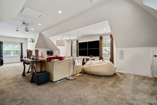 4728 S Atlanta Pl, Tulsa, OK 74105 - carpeted living area featuring recessed lighting, lofted ceiling, and baseboards