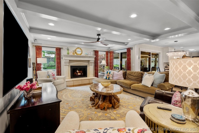 4728 S Atlanta Pl, Tulsa, OK 74105 - living area featuring beamed ceiling, crown molding, a fireplace, ceiling fan, and recessed lighting