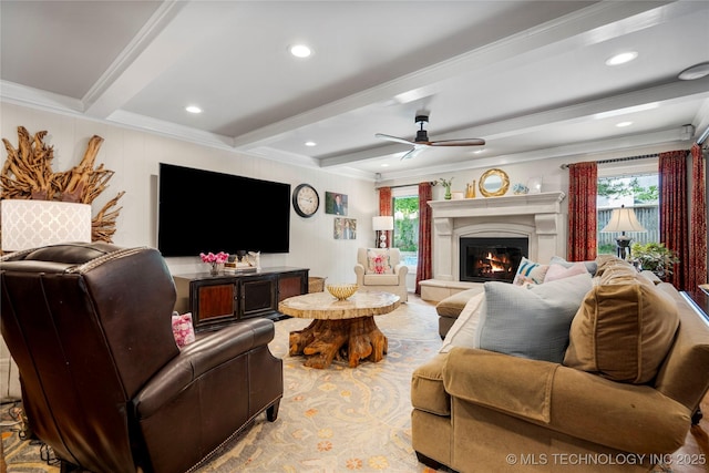 4728 S Atlanta Pl, Tulsa, OK 74105 - living room featuring beam ceiling, a glass covered fireplace, crown molding, a ceiling fan, and recessed lighting
